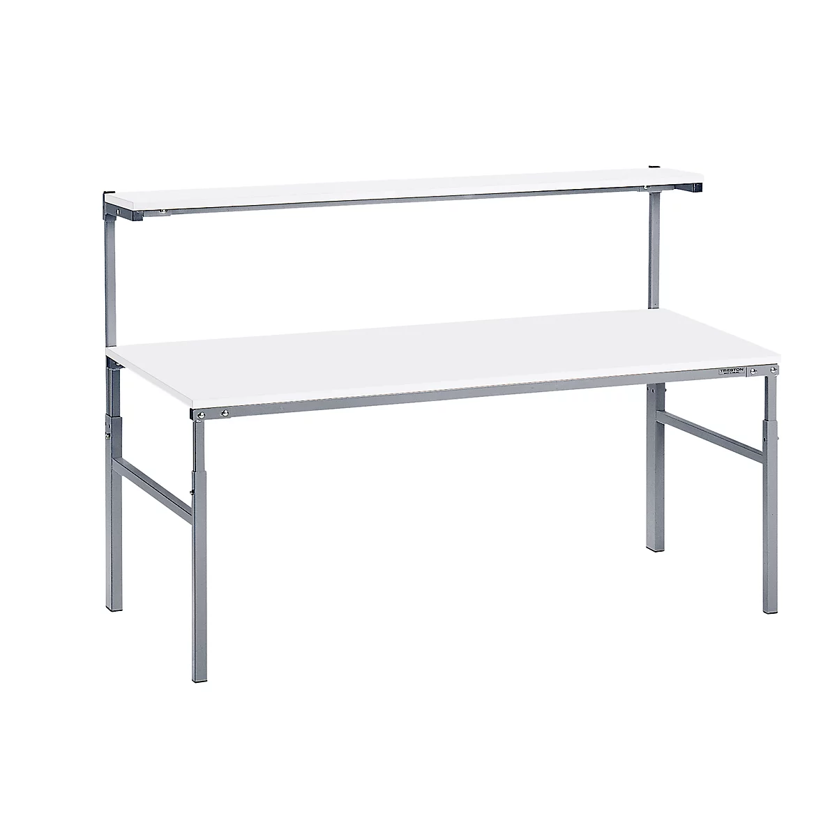 White workbench with two levels, gray legs and a white background.