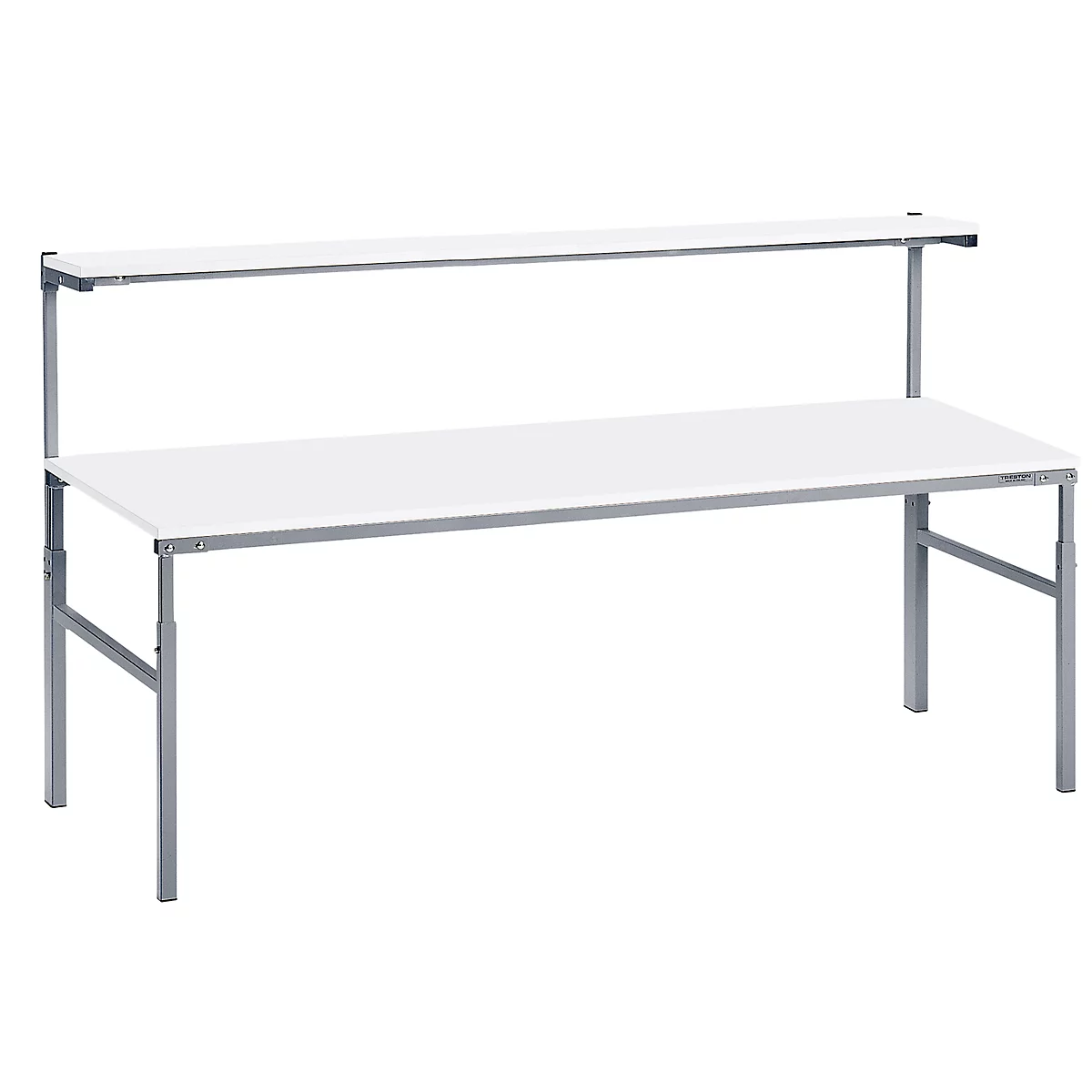 A white lab table with shelf, silver frame and two levels. The table is empty.