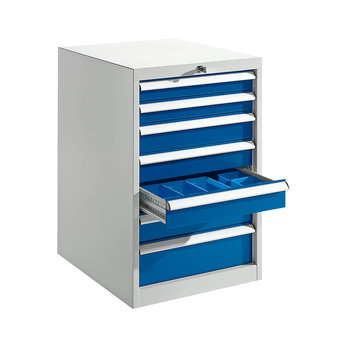 Grey tool cabinet with blue drawers. One drawer is open.