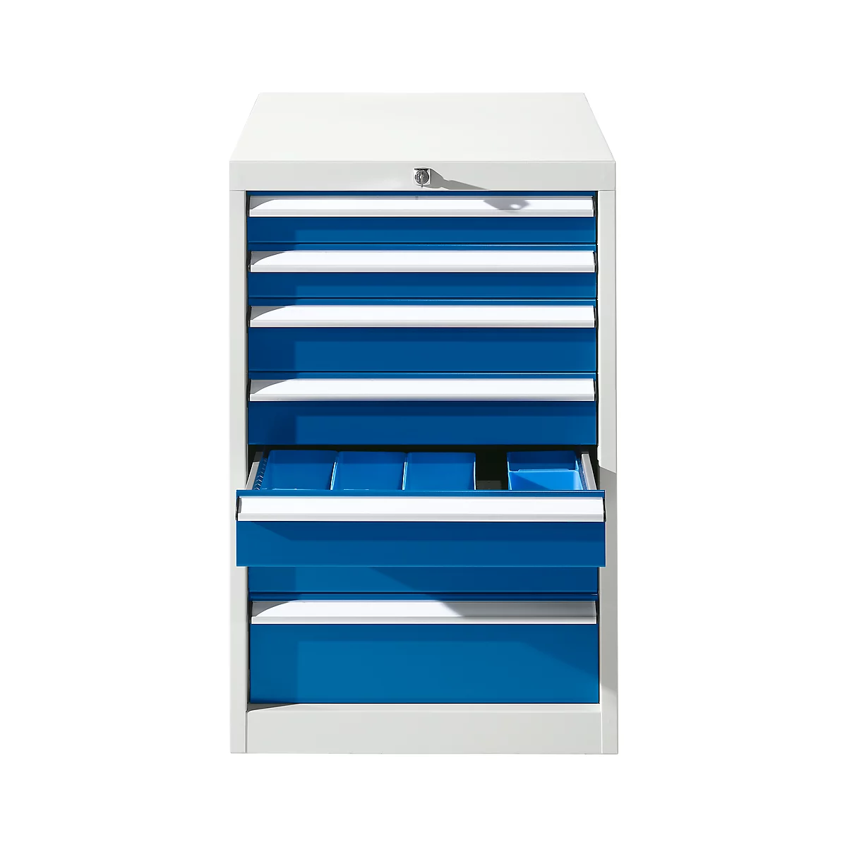 White and blue tool cabinet with a drawer pulled out, revealing blue interior compartments.