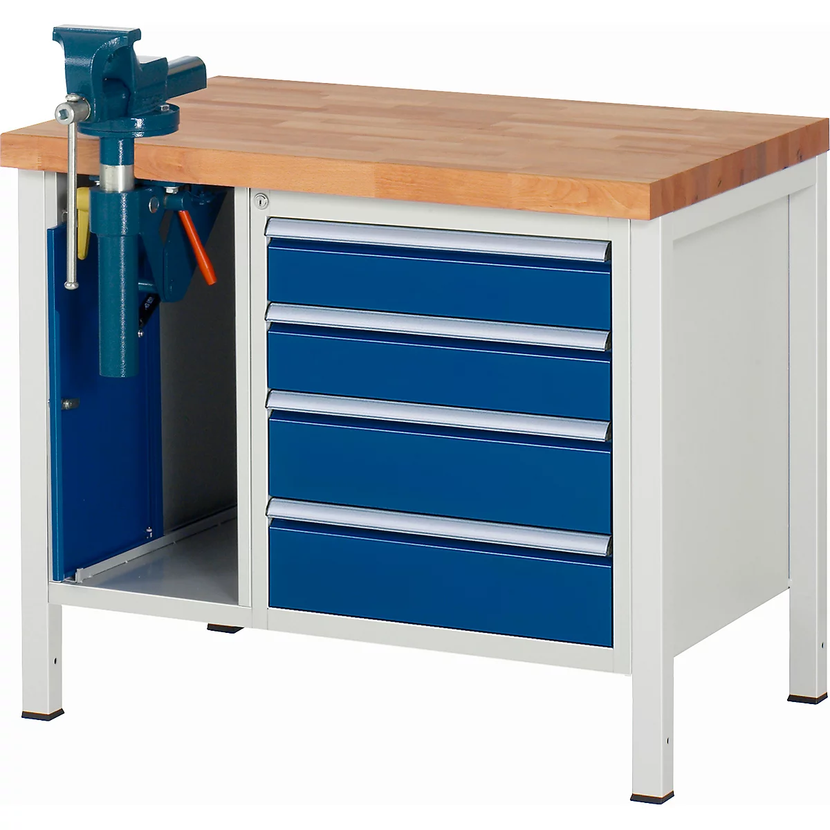 Workbench with wooden top, blue drawers, and a vise. Storage for tools.