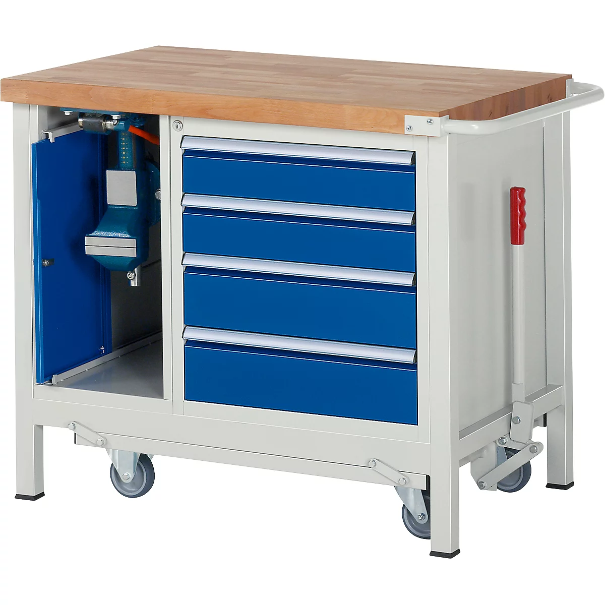 Workbench with wooden top, drawers, wheels and blue cabinet.