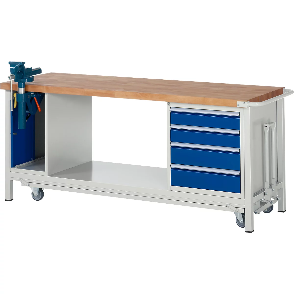Workbench with wooden top, blue drawers, and a vice. It stands on rollers.