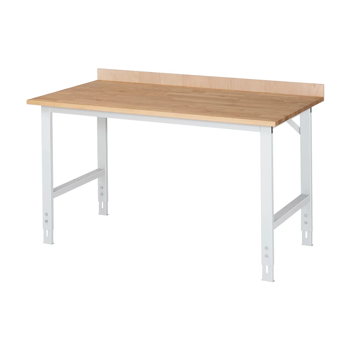 A light workbench table with a wooden top and white steel legs. There is a raised wooden strip at the back.