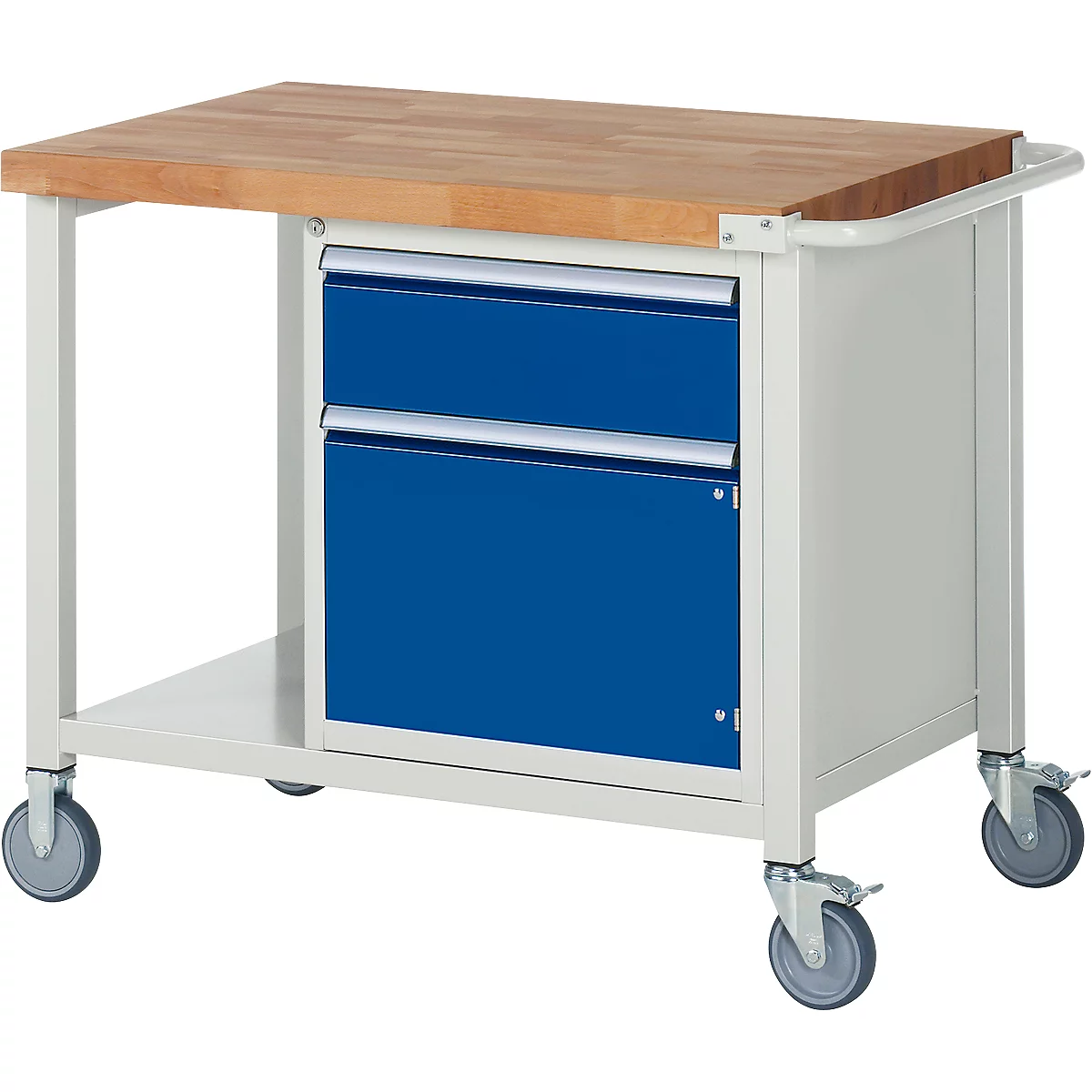 Mobile workbench with wooden top and blue drawers on wheels.