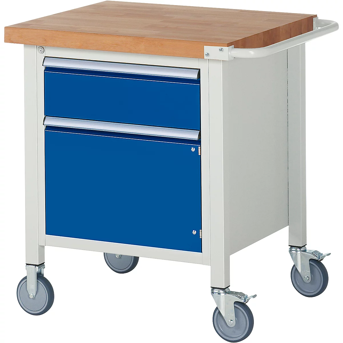 Workshop cart with wooden top, blue drawers and wheels.