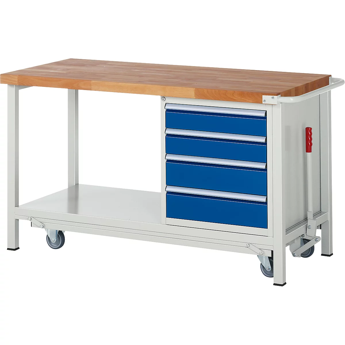 Workbench with wooden top, four drawers, and castors. Drawers are blue. Workbench has white metal construction.