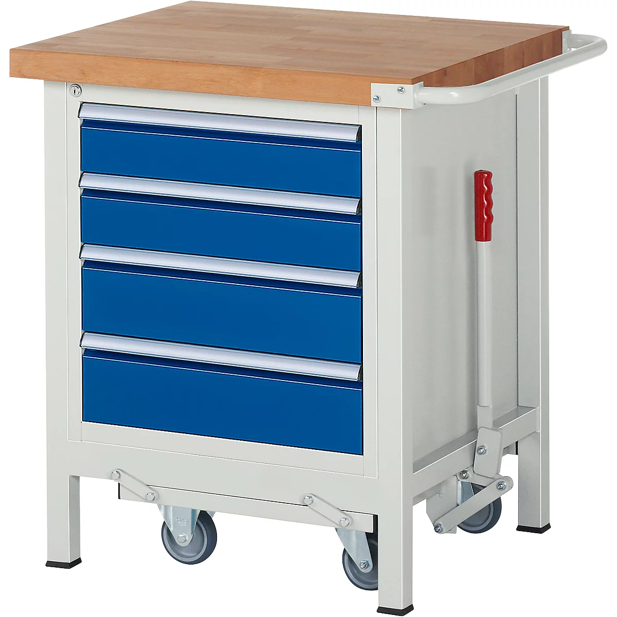 Workbench with wooden top, blue drawers, white metal frame, and red handle.