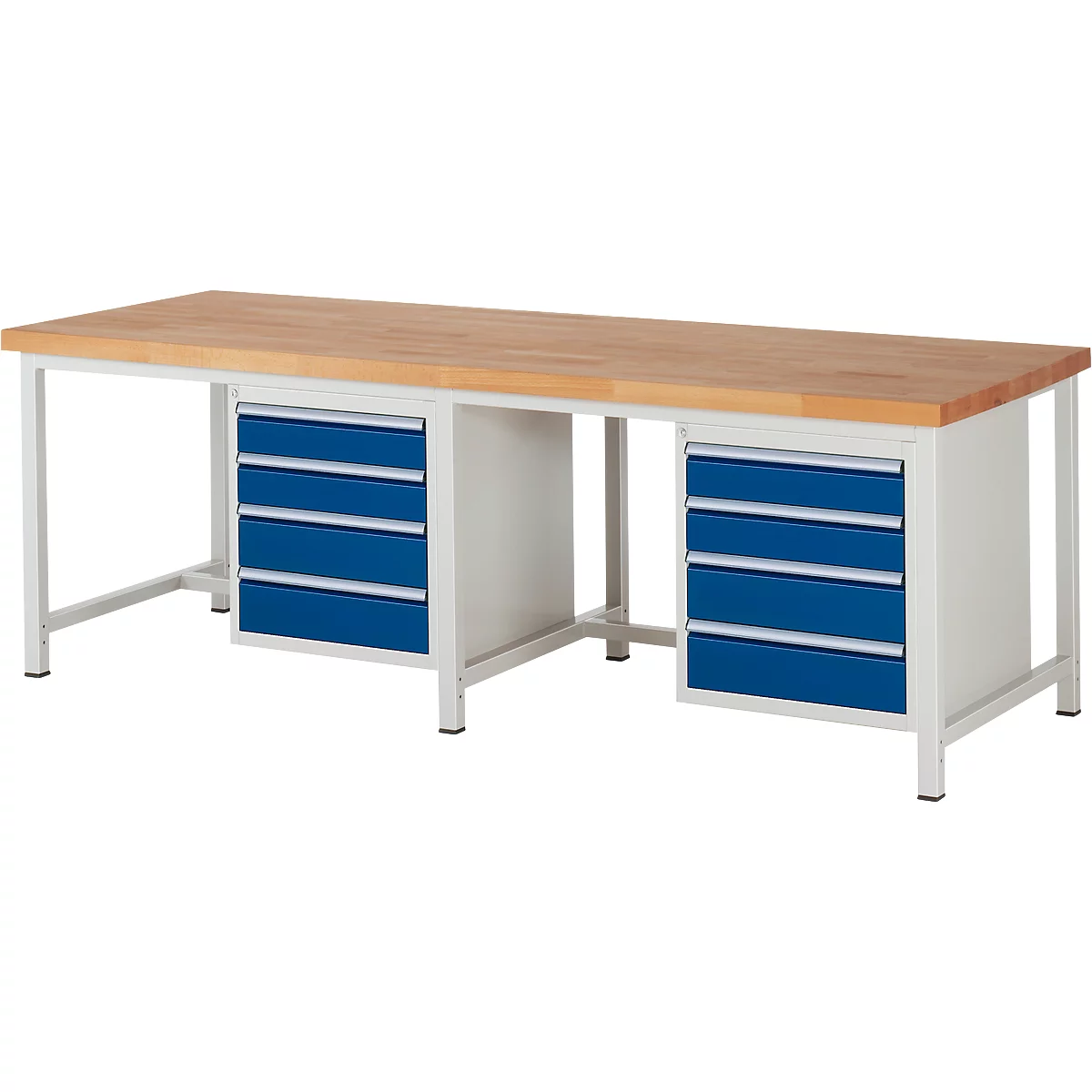 Workbench with wooden top, metal frame and drawers. Blue drawers, white frame and light wood top.
