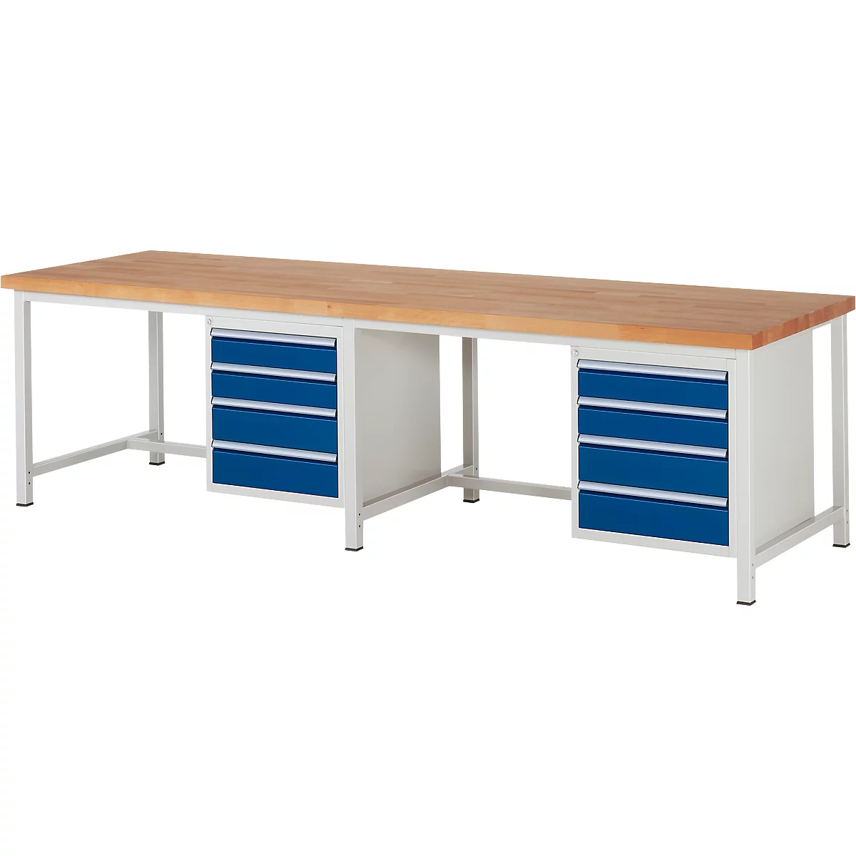 Workbench with wooden top and blue drawer cabinets.