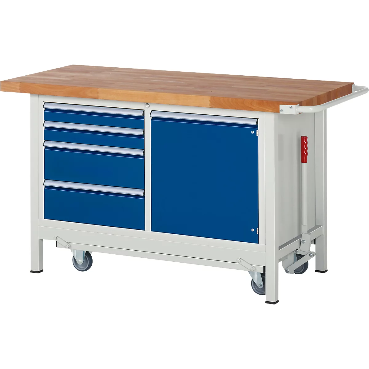 Workbench with wooden top, blue drawers, blue door and wheels.