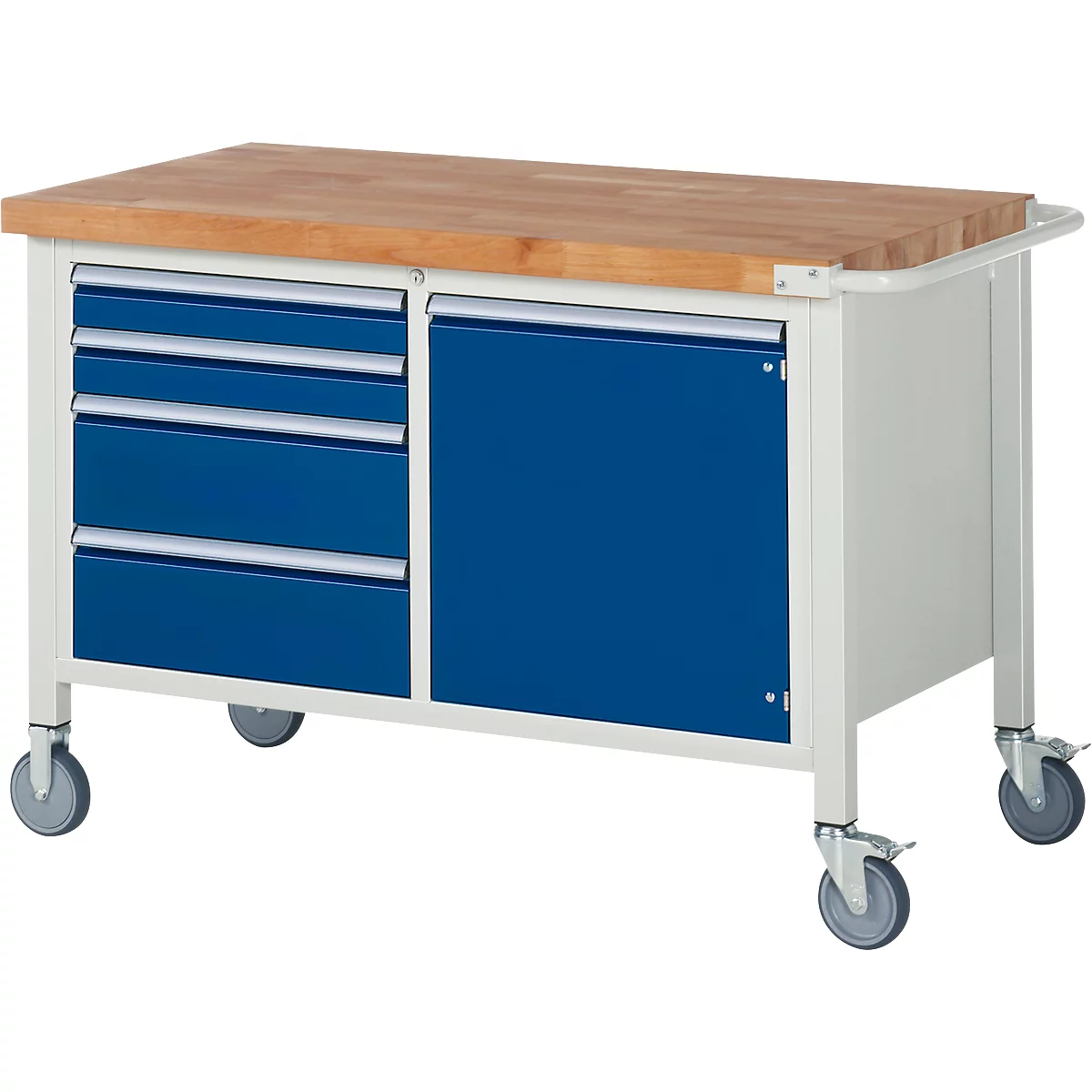 Workbench with wooden top, blue drawers and door, on wheels.
