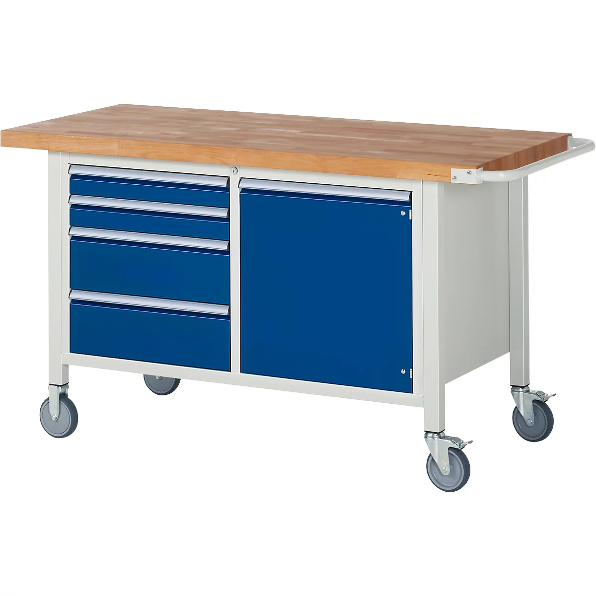 Workbench with wheels, wooden top, blue drawers, and cabinet door.