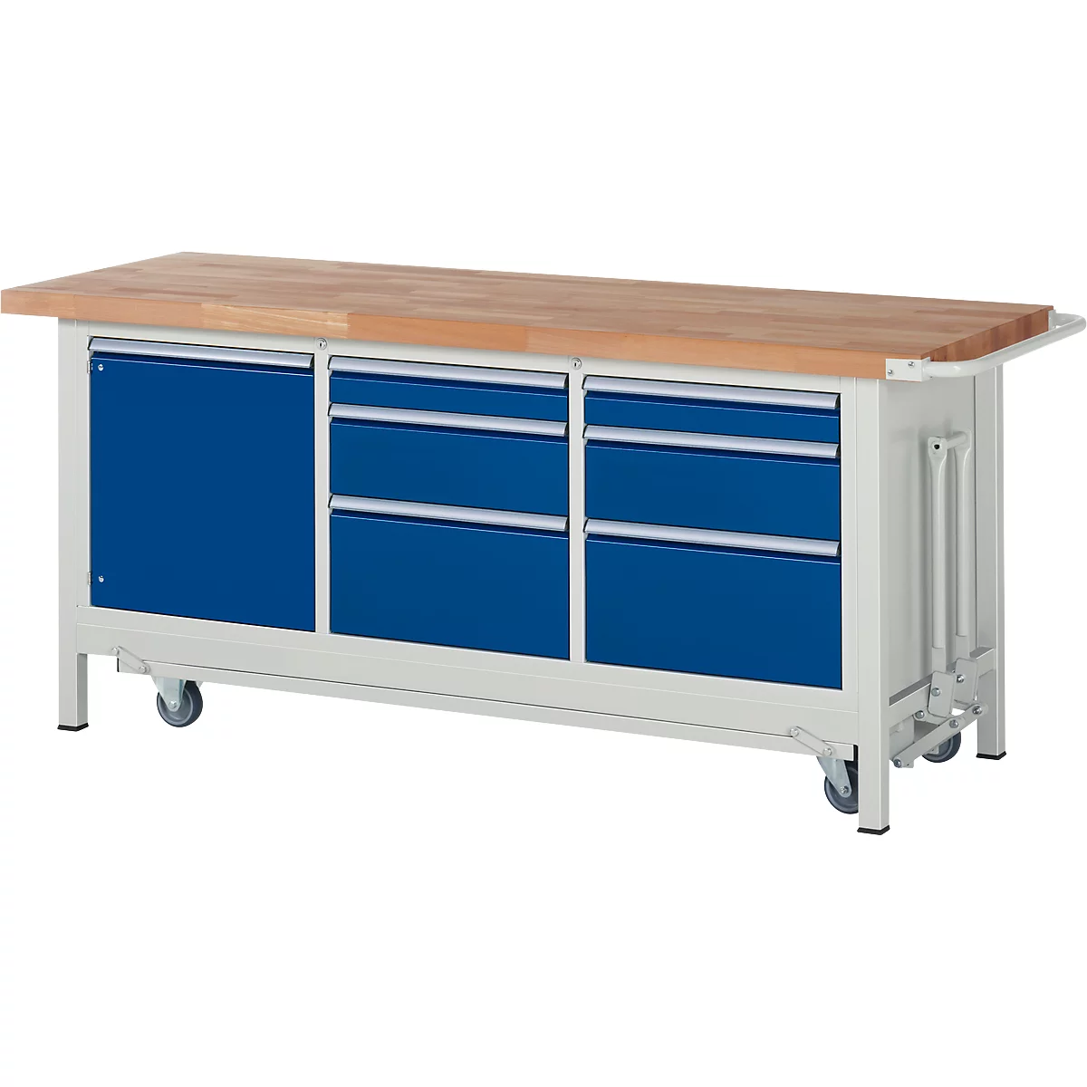 Workbench with blue drawers, wooden top, steel frame on wheels.