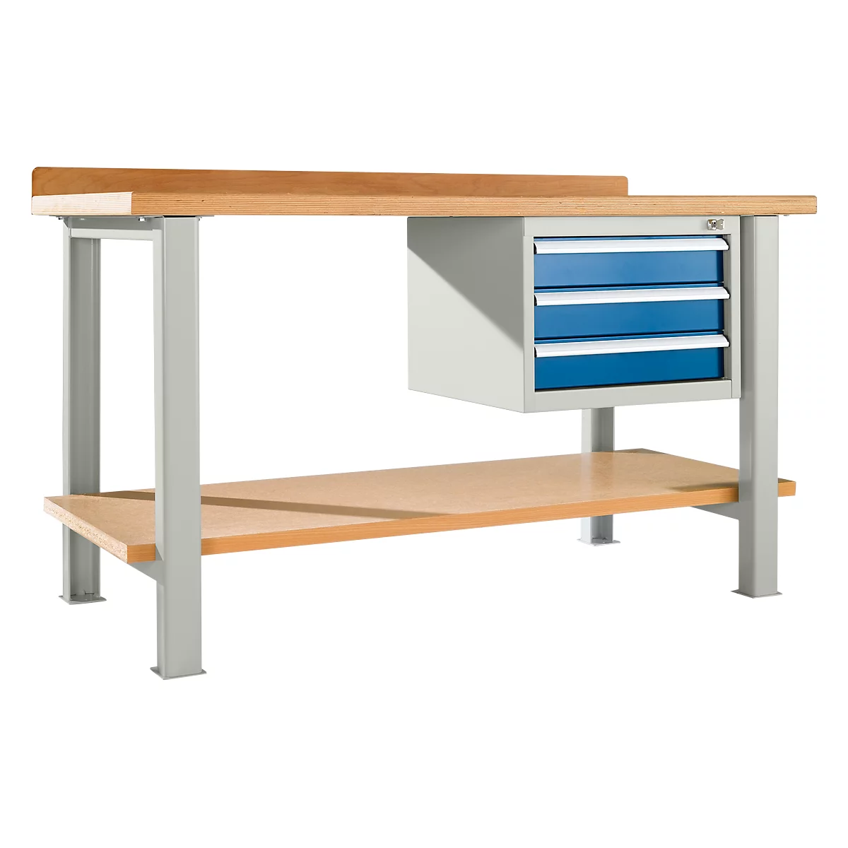 Workbench with wooden top, gray metal legs, three blue drawers and a shelf.