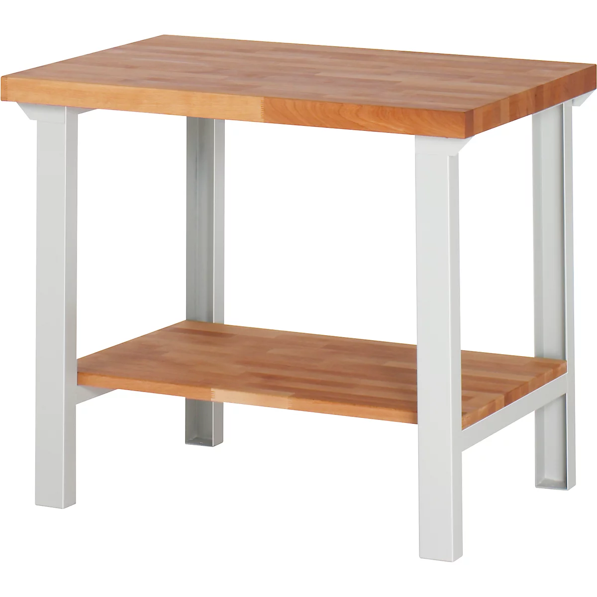Wooden table with white metal frame. The table top and bottom shelf are made of wood. There is a frame with four legs.