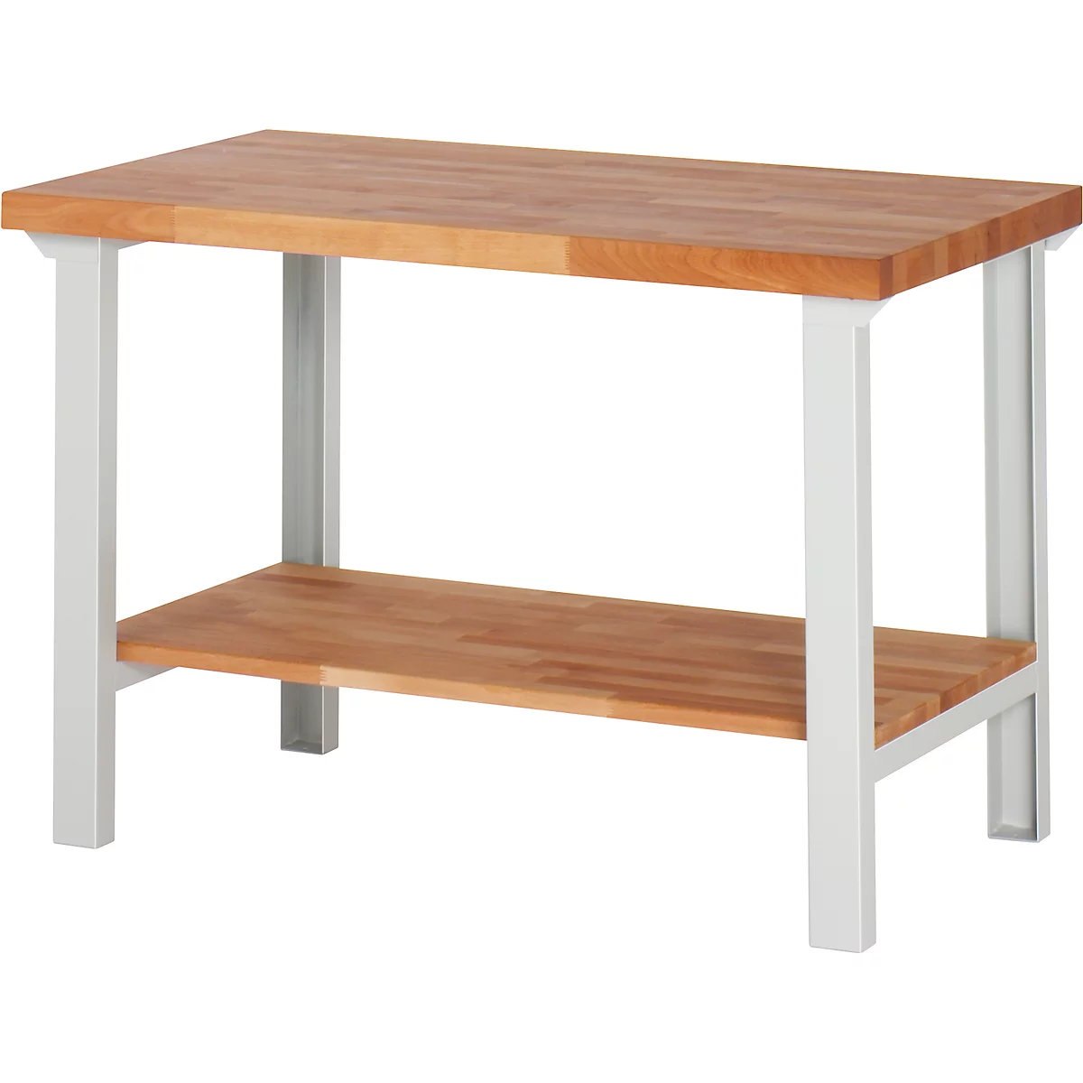 Wooden table with light legs and shelf. Table top and shelf made of light wood, legs made of light metal. Perspective view.