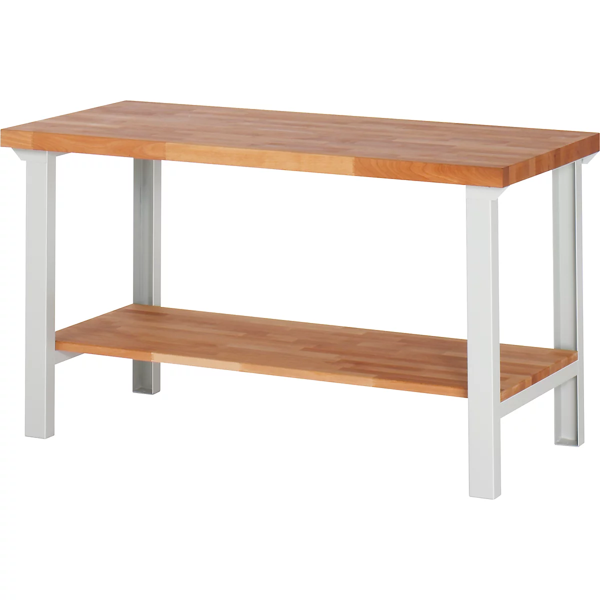Wooden table with light-colored legs and a shelf.