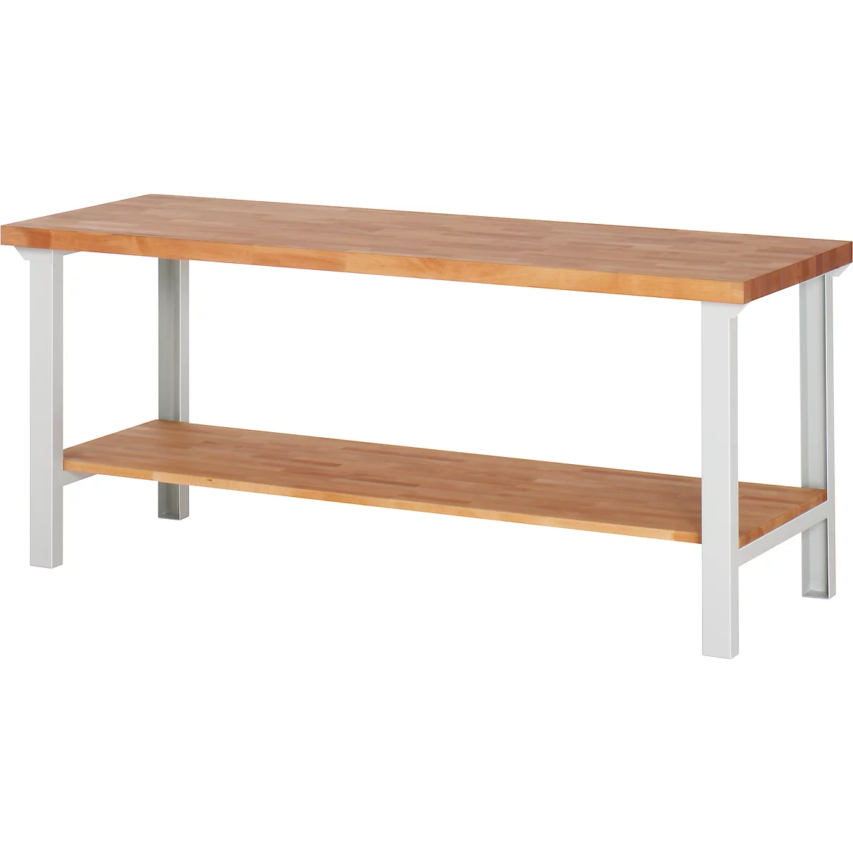 Wooden table with light metal legs and lower shelf. The table top and shelf are made of light wood.