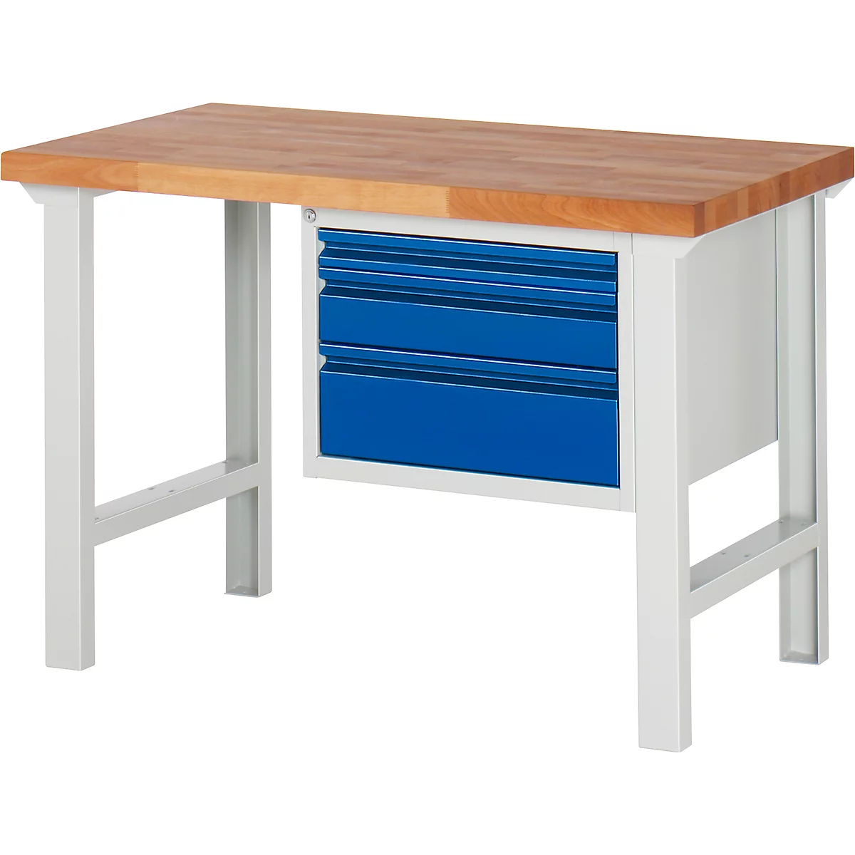 Workbench with wooden top and blue drawer cabinet.