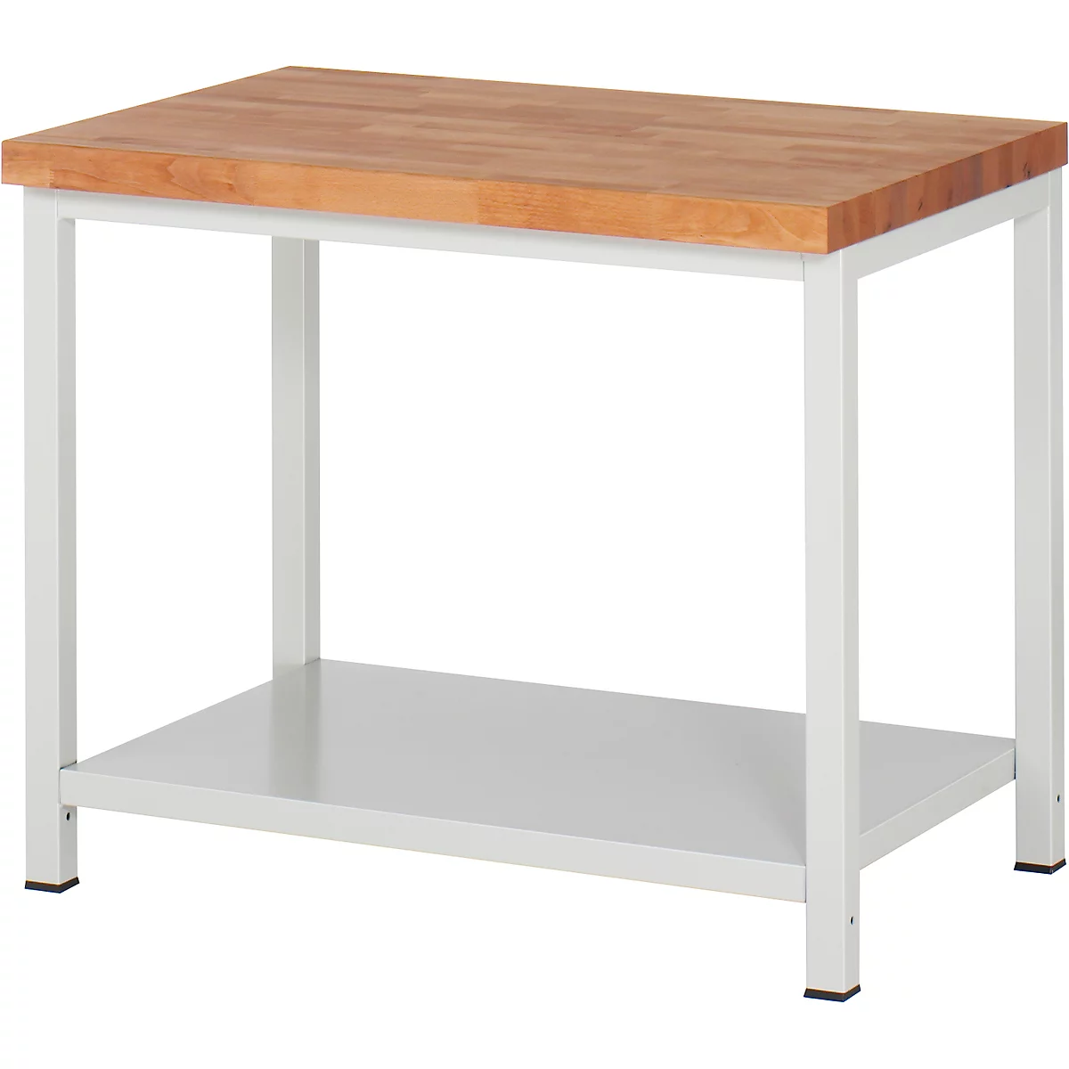 Workbench with wooden top and white frame. There is a shelf under the work surface.