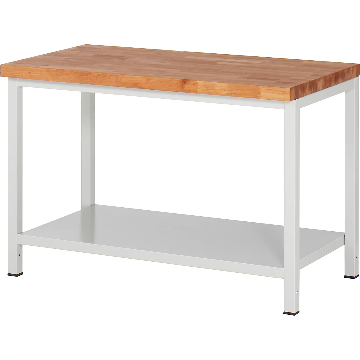 Workbench with wooden top and white metal frame. There is a shelf underneath.