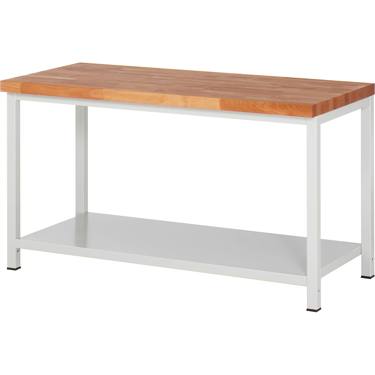 Workbench with wooden top and white metal frame.