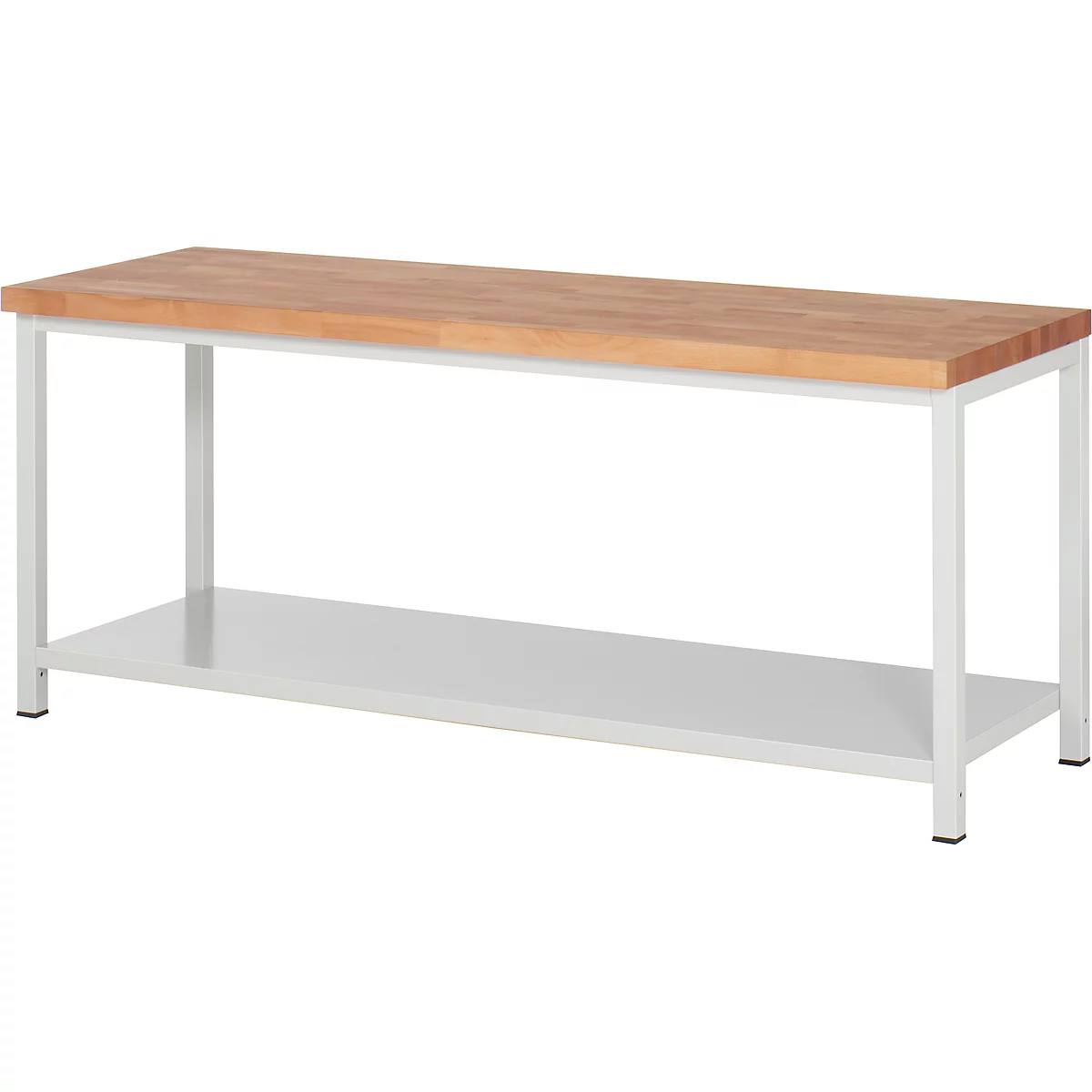 A workbench with a wooden top and a white metal frame, a lower shelf.