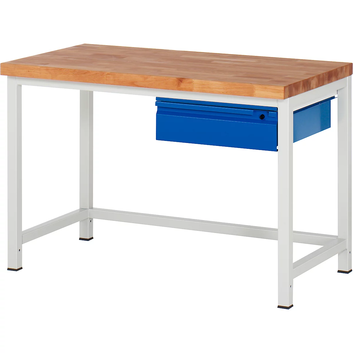 Workbench with wooden top, white frame and blue drawer.