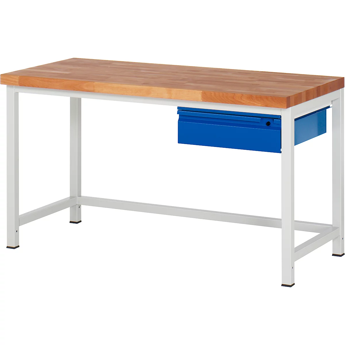 Workbench with wooden top, white frame and blue drawer.
