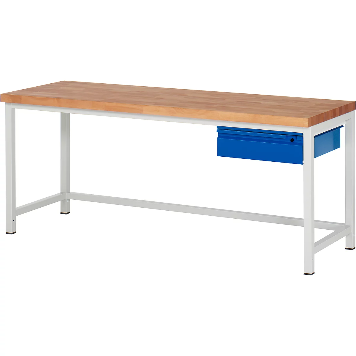 Workbench with wooden top, white frame and blue drawer.