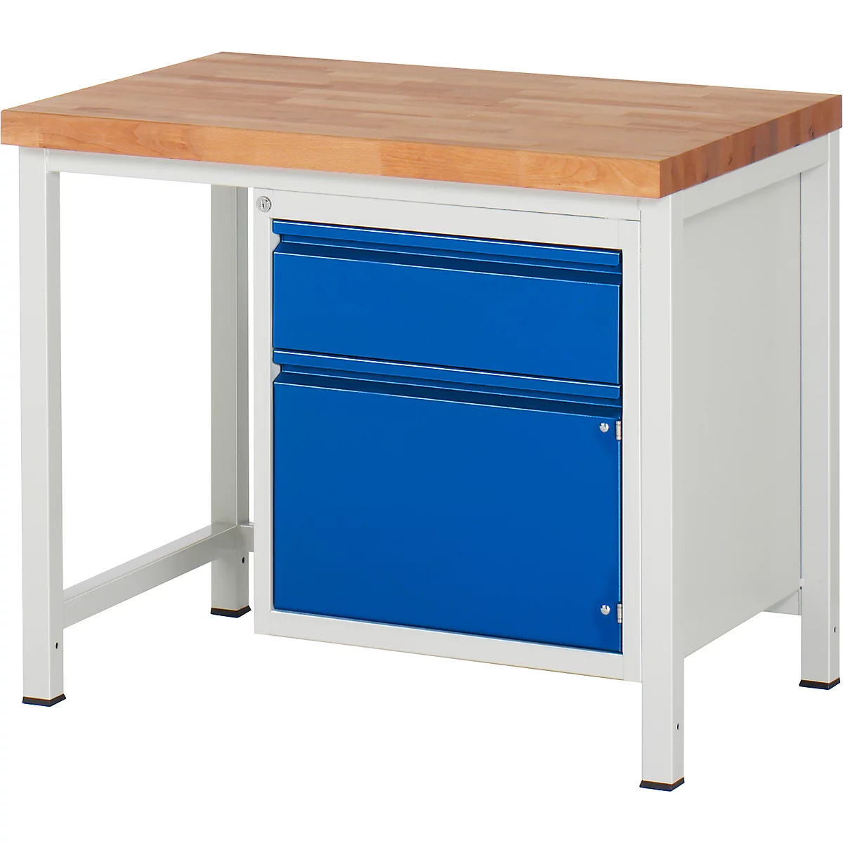 Workbench with wooden top, blue cabinet and white frame.
