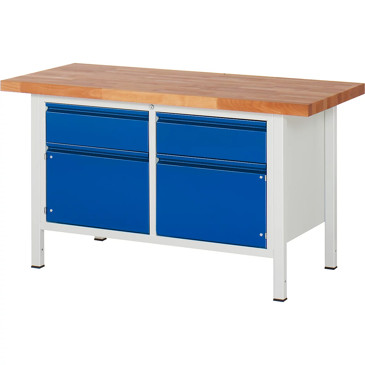 Workbench with blue drawers and a wooden top on a white frame.