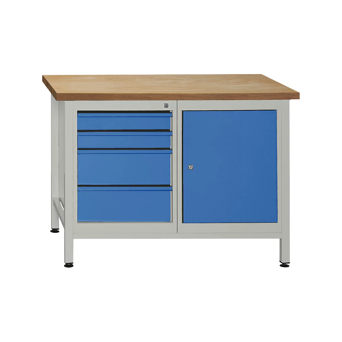 Workbench with blue drawers and cabinet. Wooden worktop.