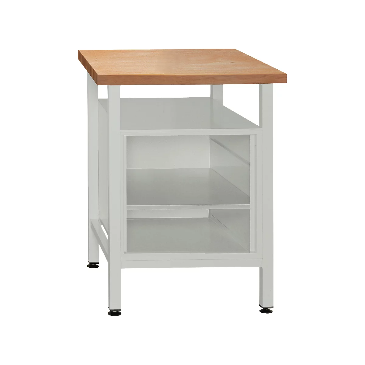 White kitchen work table with wooden top and two shelves.