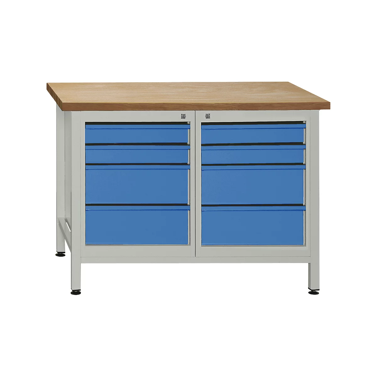 Workbench with wooden top, blue drawers and light frame.