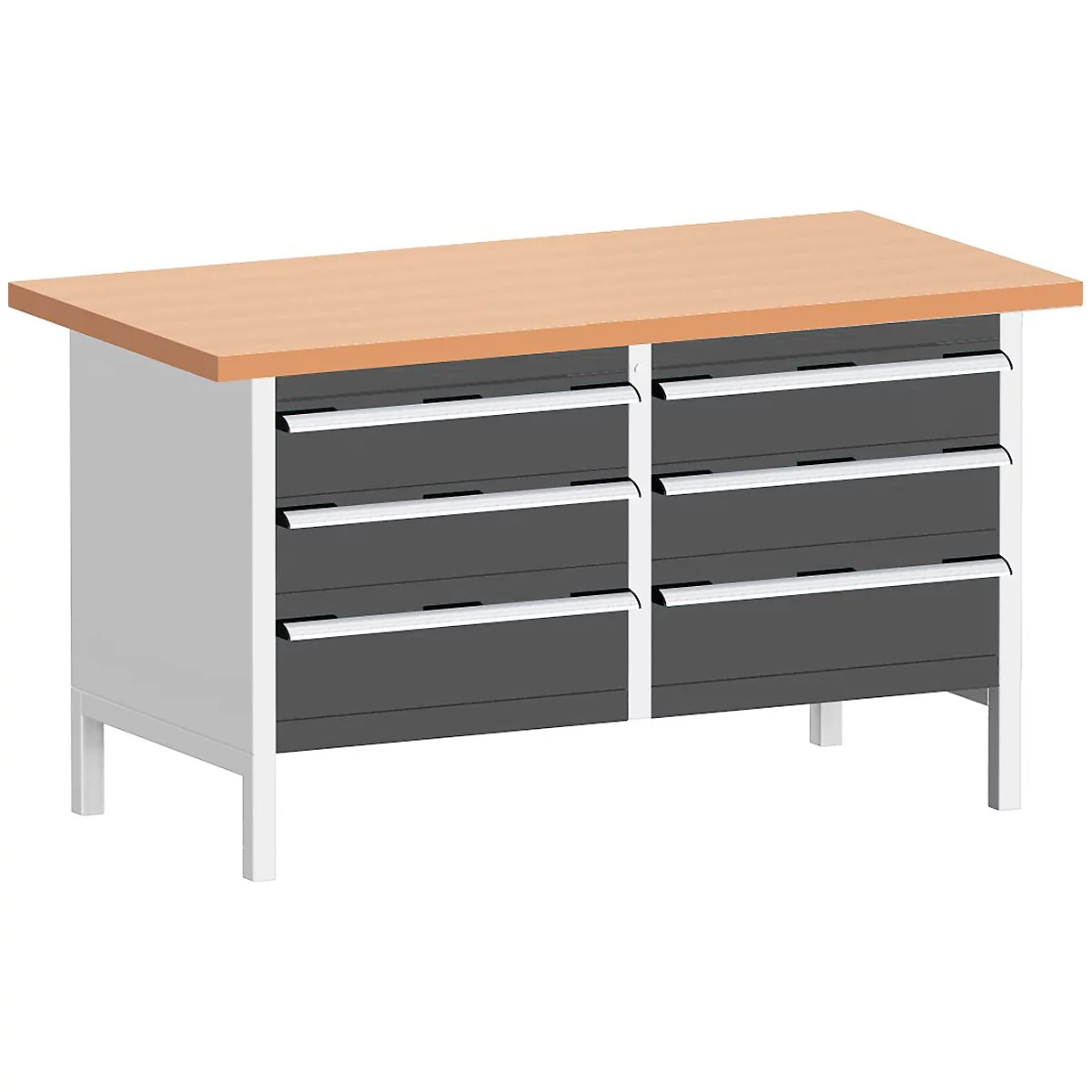 Workbench with light brown wooden top, six gray drawers, and white legs.