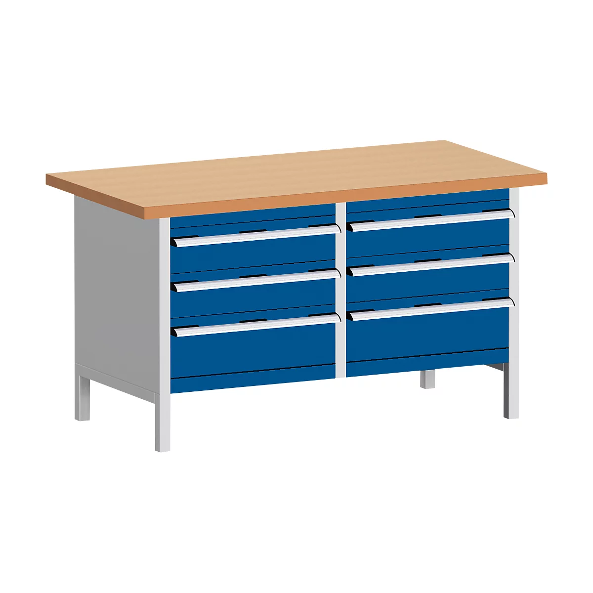Workbench with wooden top, blue drawers, and silver handles.