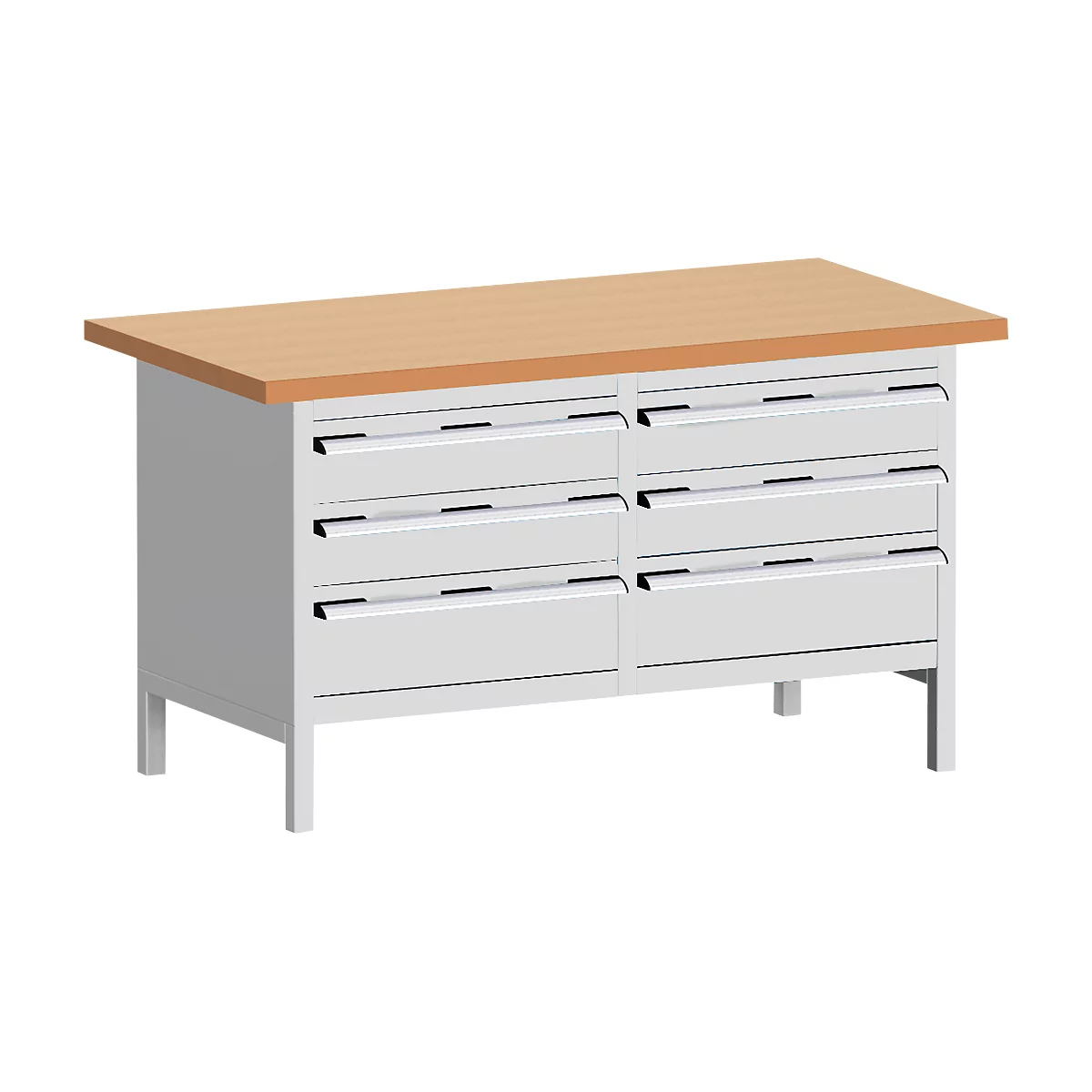 Workbench with light brown tabletop and drawers. The drawers are gray and have black handles.