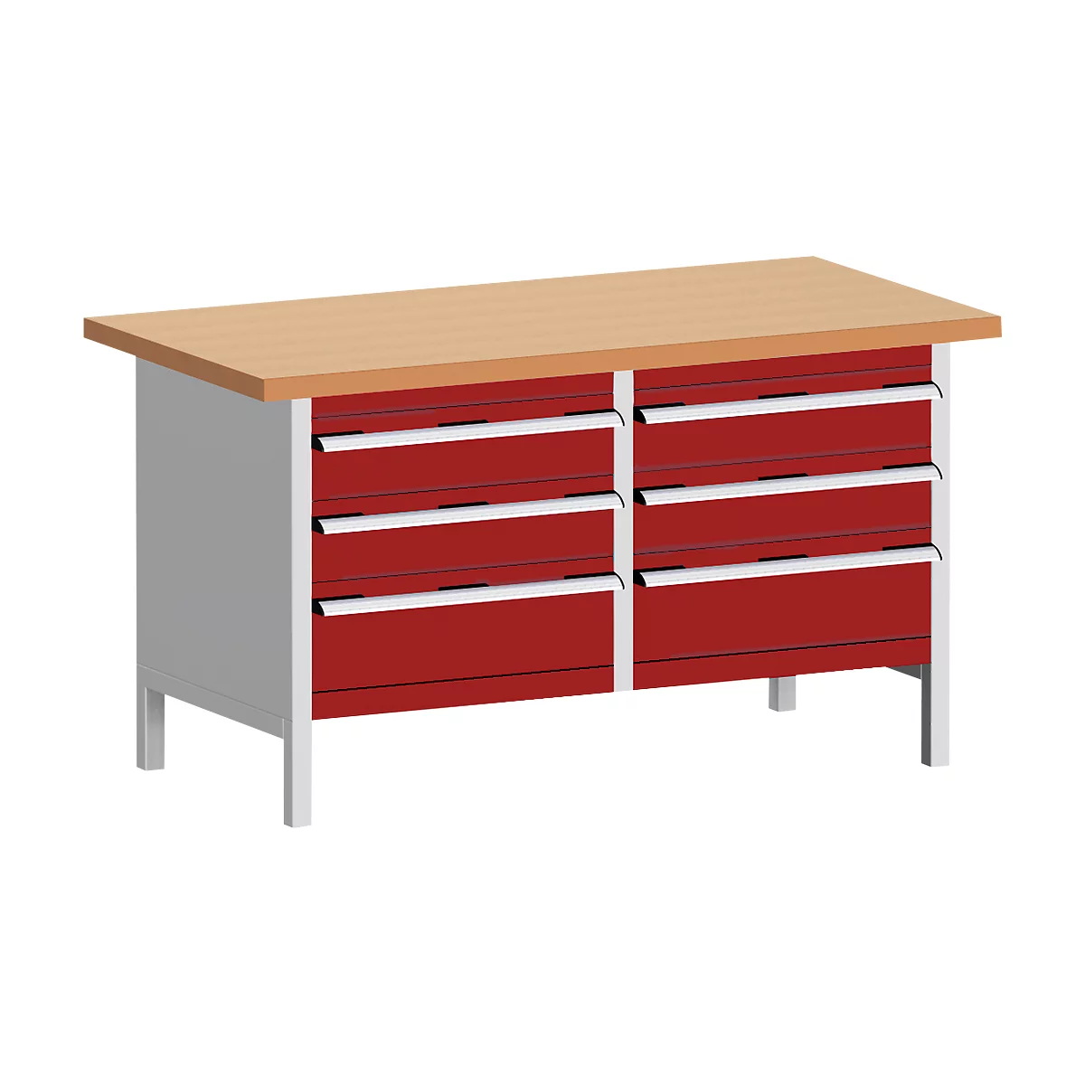 Workbench with red cabinet, light brown worktop and six drawers.