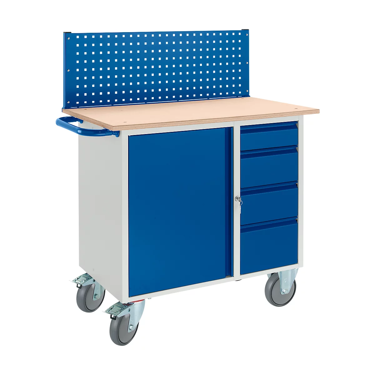 Blue workshop trolley with pegboard, wooden top and drawers. The trolley stands on wheels.
