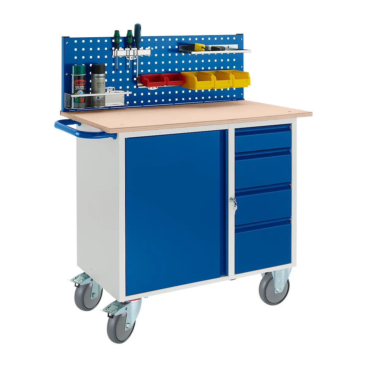 Tool cart with pegboard, blue door, drawers, and casters.
