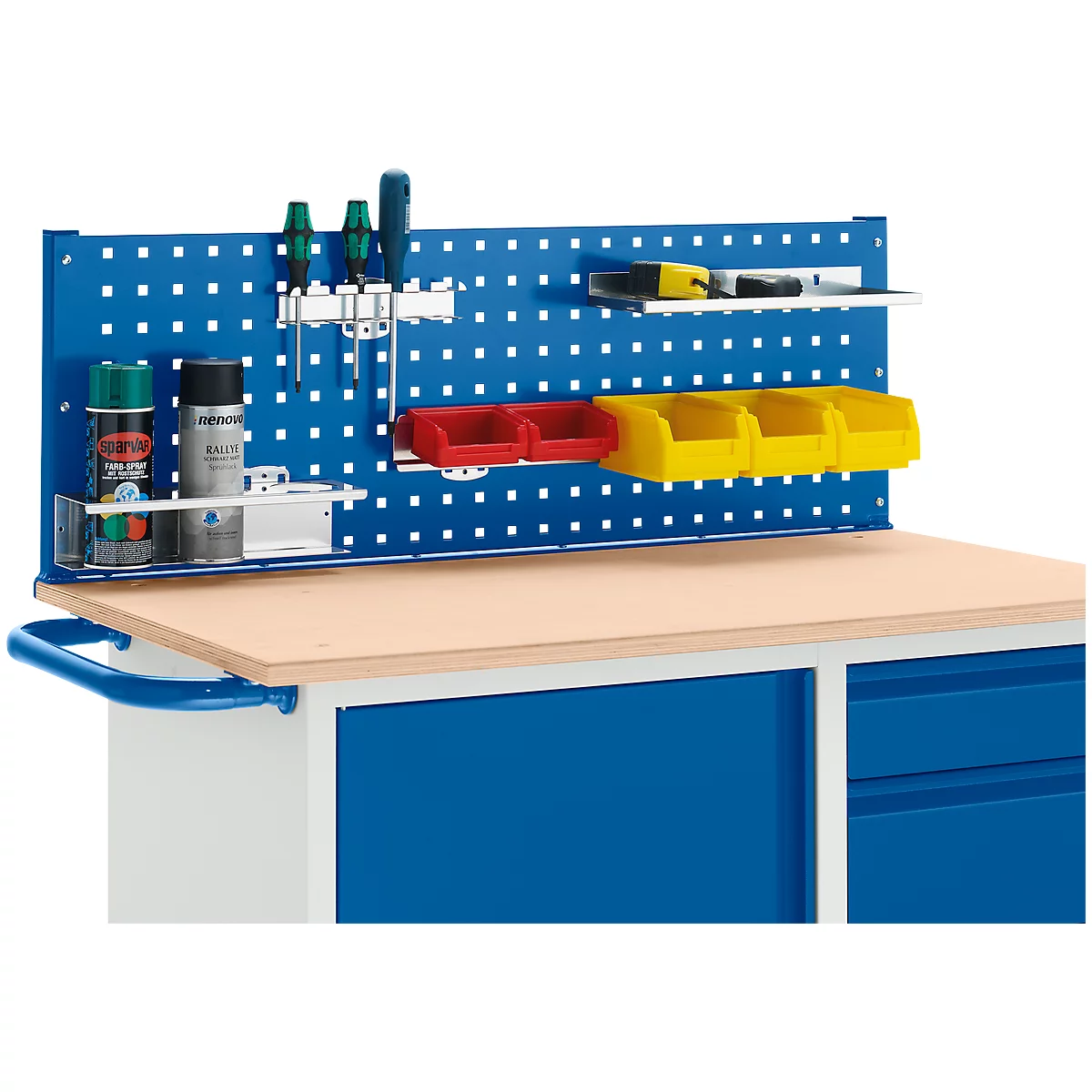 Workbench with pegboard, screwdrivers, yellow and red bins, and sprays. Blue, yellow, white and wood colors.