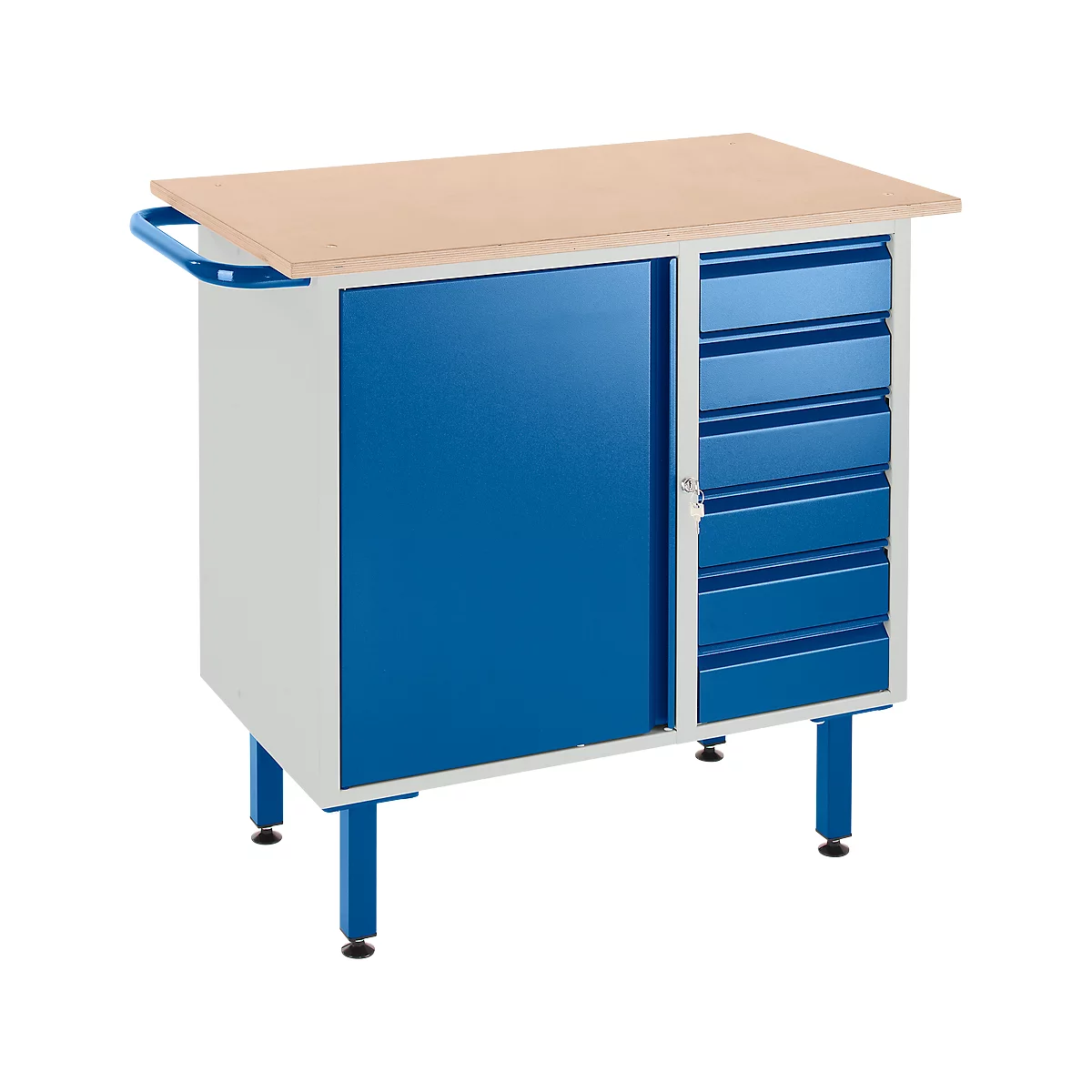 Workbench, light grey metal, blue doors and drawers, wooden top. Handle on the side, four blue legs with black feet.