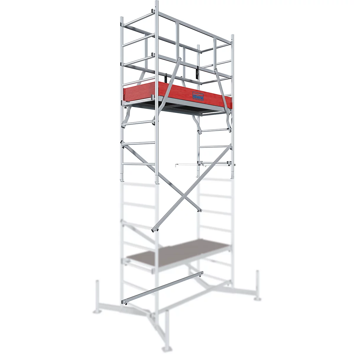 A tall metal scaffolding, with platform and red covering.