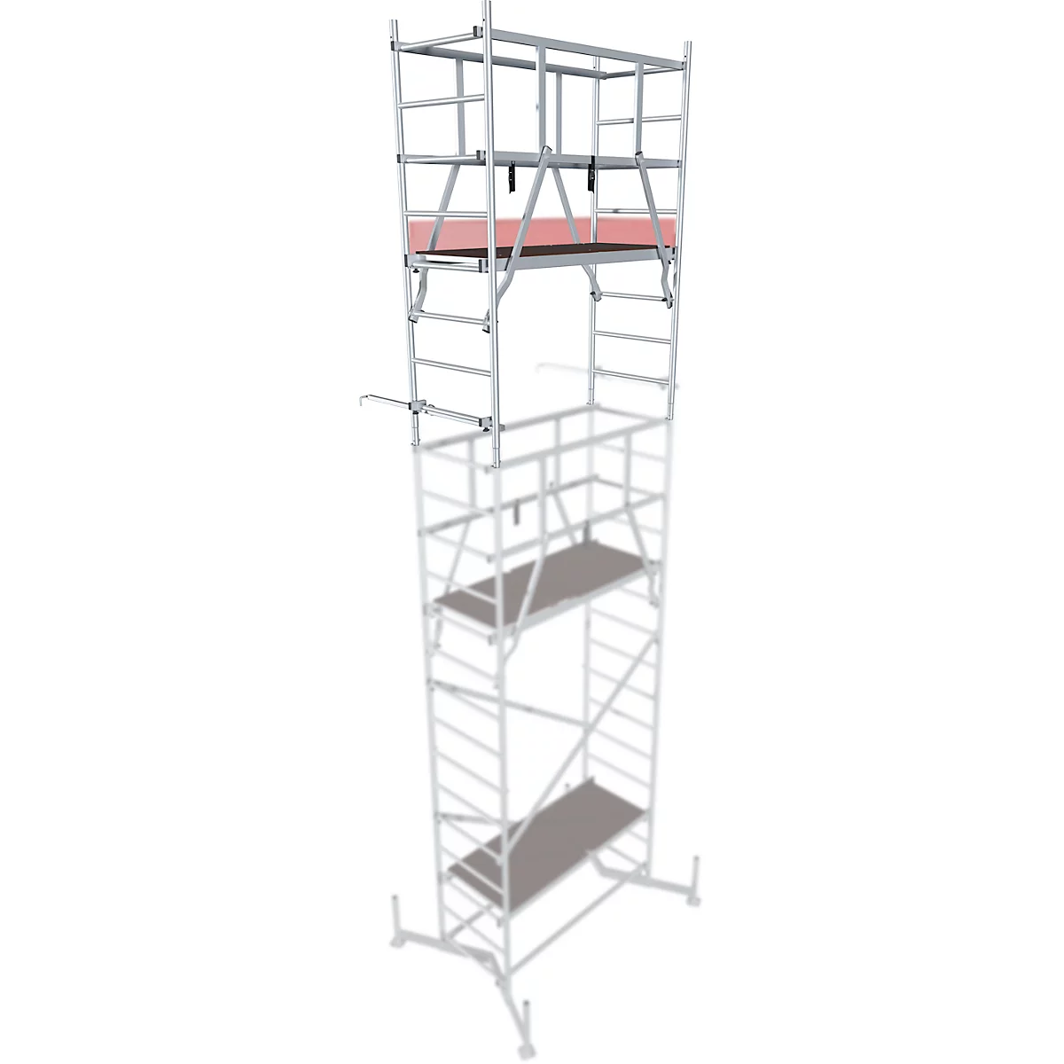 A tall, silver scaffolding with several platforms. The top platform has a red border.