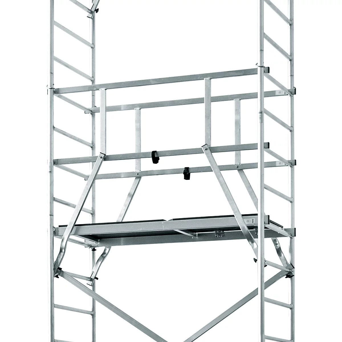Silver scaffolding, platform with black surface, railing and struts.