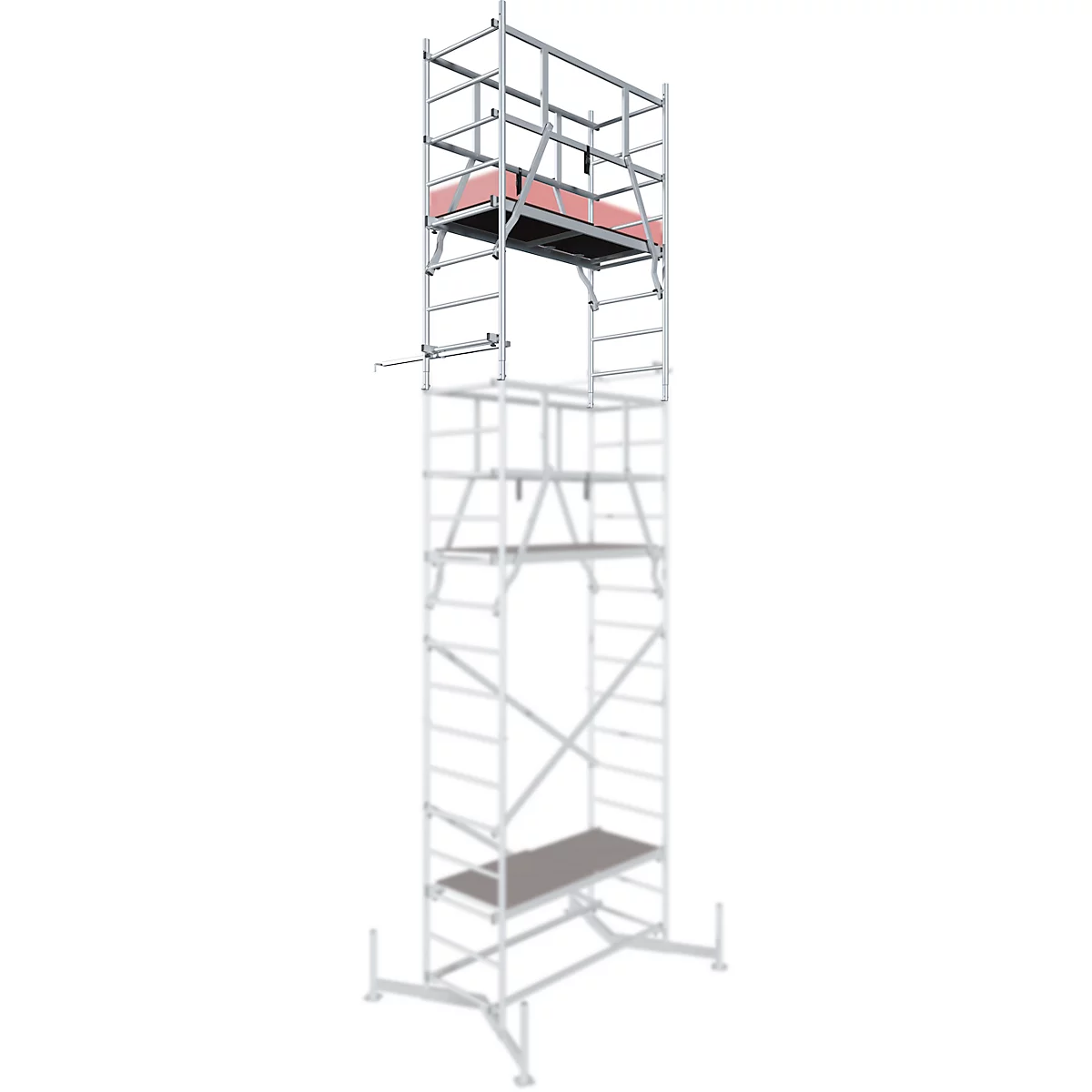 A silver scaffolding stands against a white background. A red plank is on the top platform.