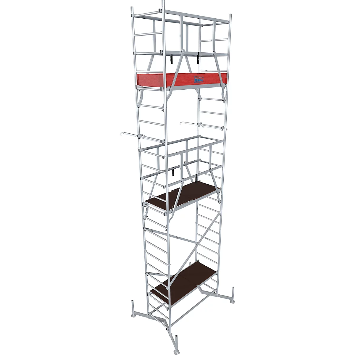 A tall, silver scaffold with red details. It has several platforms and a ladder.