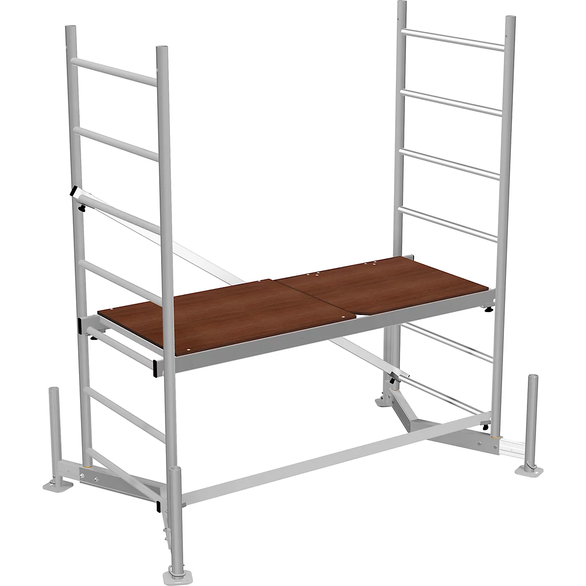 A silver scaffold with a brown work platform supported by ladders.